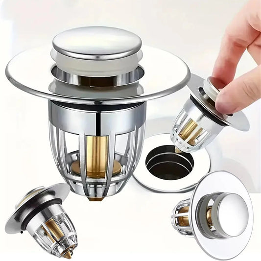 Universal Rebound Drain Plug Filter Basin, Pia de cromo pop-up, Captador de cabelo, Rolha de drenagem do banheiro, Fácil tipo push
