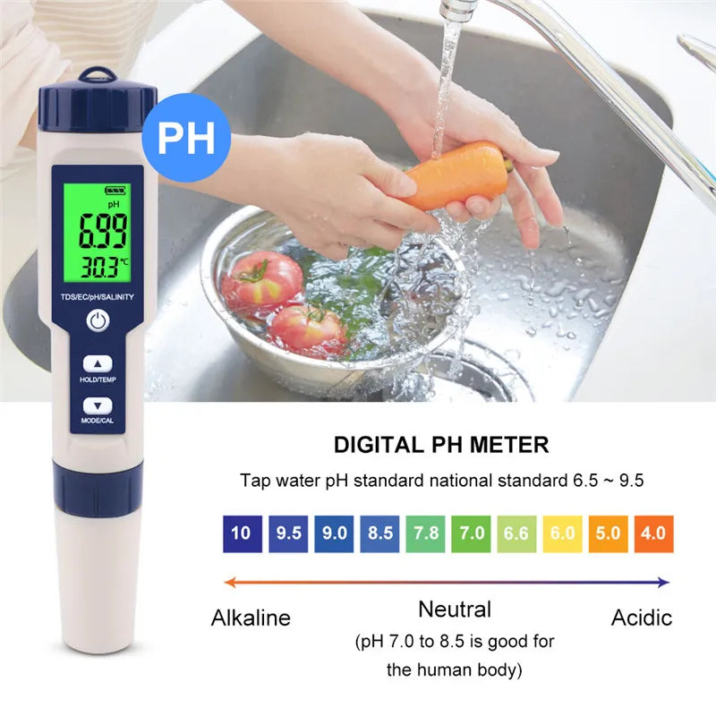 5 em 1 testador de qualidade da água digital tds/ec/ph/salinidade/medidor de temperatura para piscinas aquários detector de qualidade da água