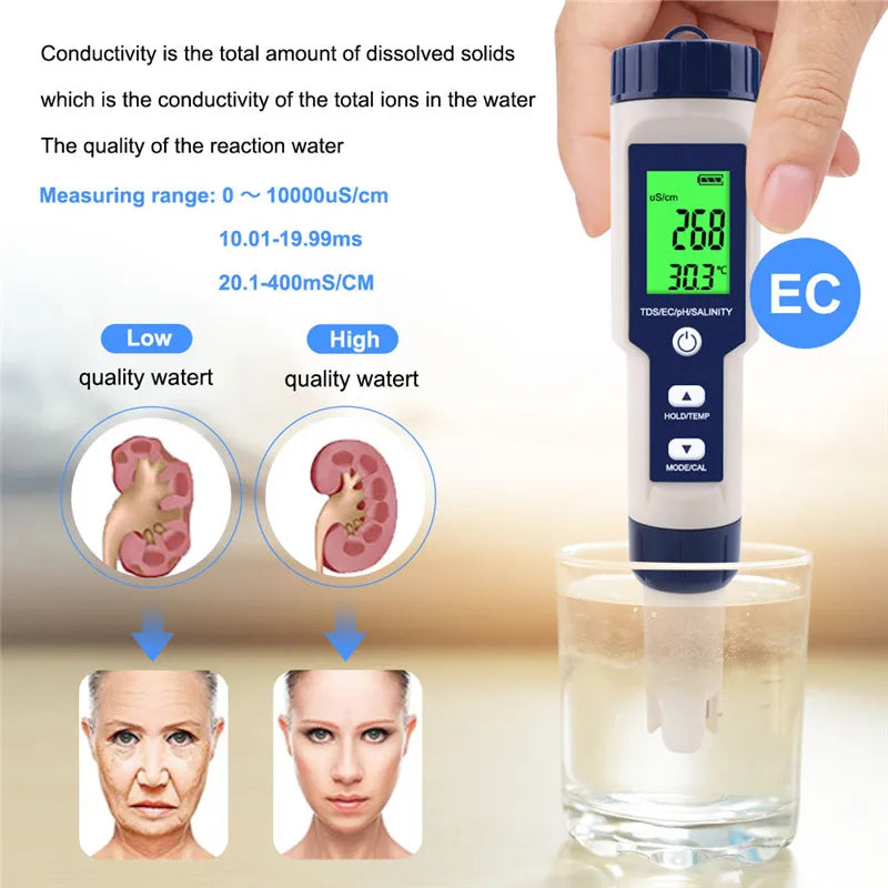 5 em 1 testador de qualidade da água digital tds/ec/ph/salinidade/medidor de temperatura para piscinas aquários detector de qualidade da água