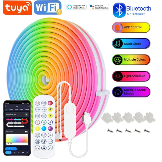 Faixa de led neon usb rgb, 1m, 2m, 3m, 5m, wi-fi, 5v, funciona com aplicativo tuya/smart life/alexa para jogos, casa, iluminação de decoração neon