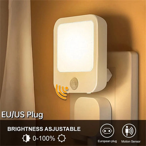 Sensor de movimento led luzes da noite plugue da ue regulável luz do armário para cabeceira do bebê quarto corredor sem fio noite lâmpada iluminação