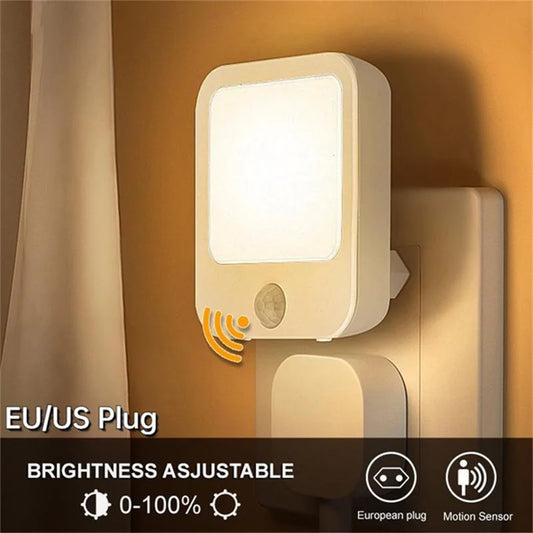 Sensor de movimento led luzes da noite plugue da ue regulável luz do armário para cabeceira do bebê quarto corredor sem fio noite lâmpada iluminação