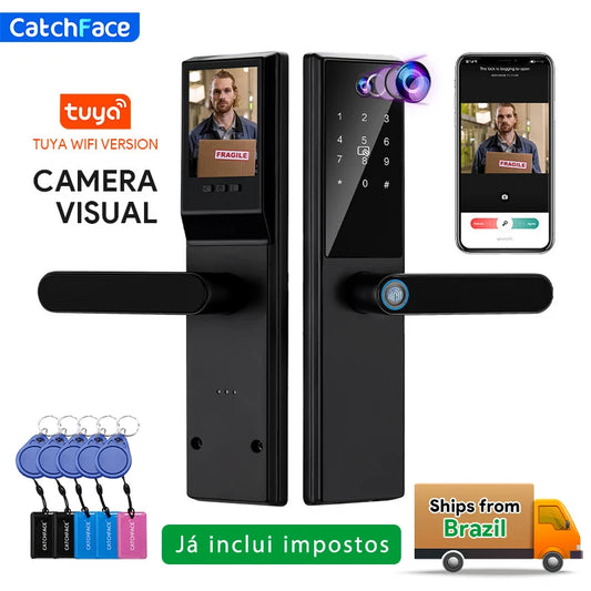Fechadura inteligente para porta, brasil, tuya, voz portuguesa, fechadura eletrônica digital, wi-fi, aplicativo, senha de impressão digital, desbloqueio rfid para casa
