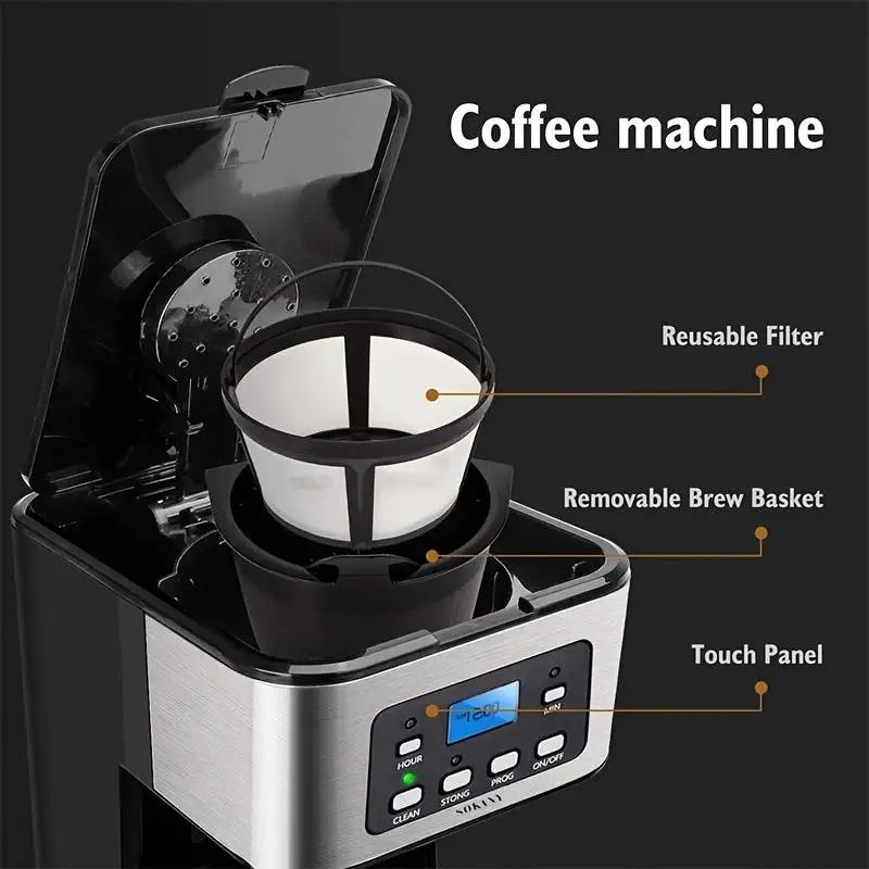 Máquina de café elétrica programável, 1,5l, tecnologia avançada, fabricação rápida e temporizador de 24 horas