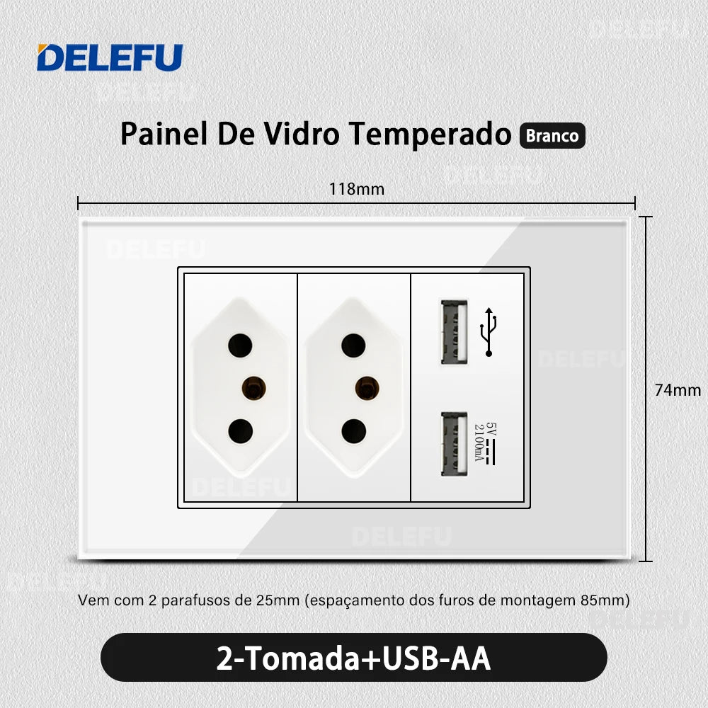 DELEFU 4*2 Vidro Temperado Branco Tomada Padrão Brasil com Dupla USB Tipo C Tomada de Parede Interruptor Inteligente Tuya Wifi 10A 20A