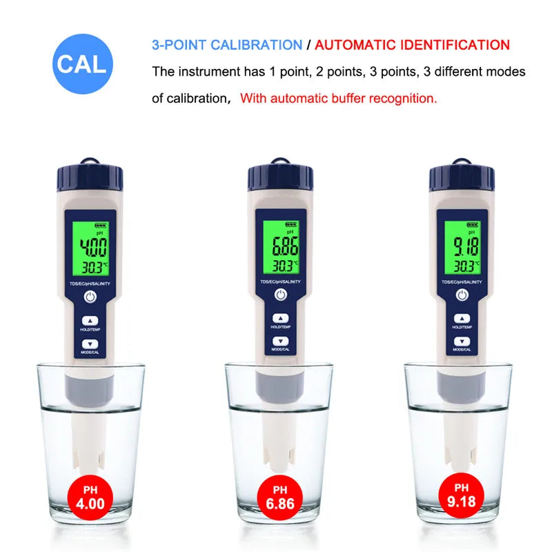 5 em 1 testador de qualidade da água digital tds/ec/ph/salinidade/medidor de temperatura para piscinas aquários detector de qualidade da água