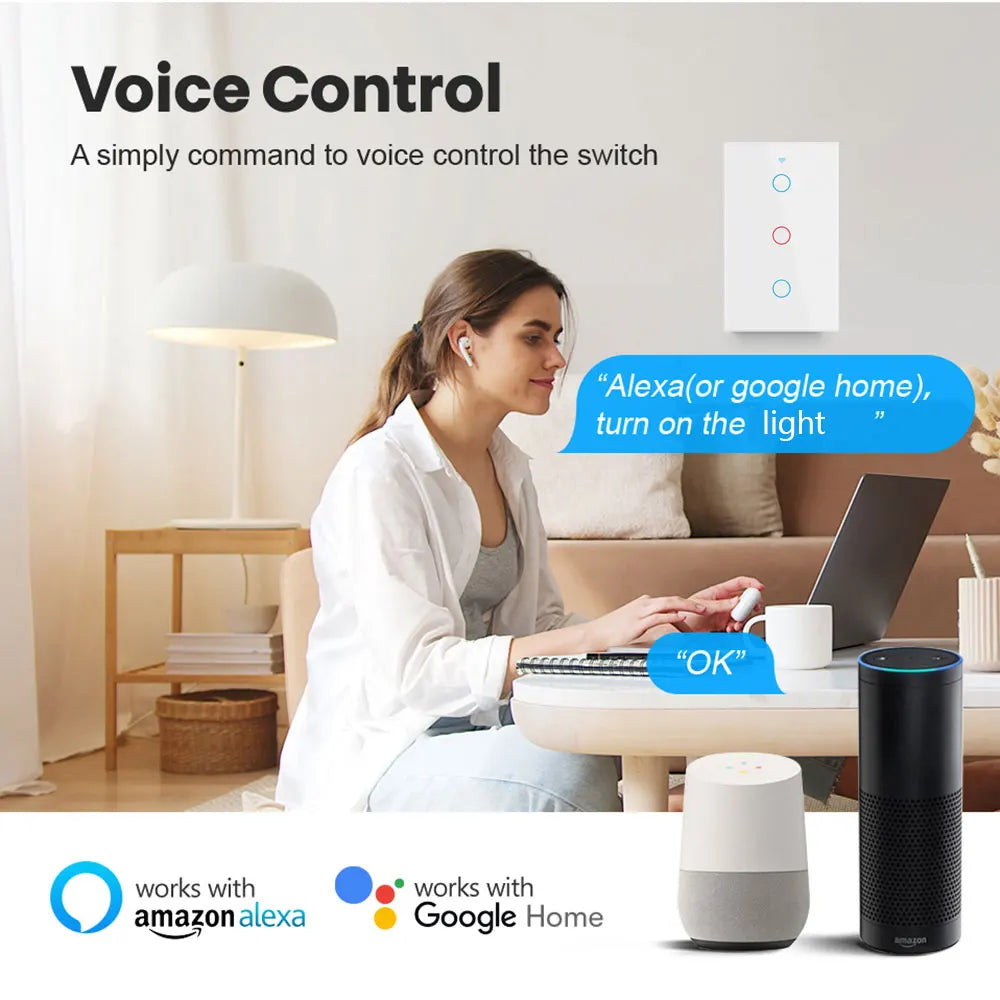 Tuya eua wifi interruptor de parede inteligente rf433 1/2/3 gang sem fio neutro sensor toque led interruptores luz casa inteligente alexa google casa