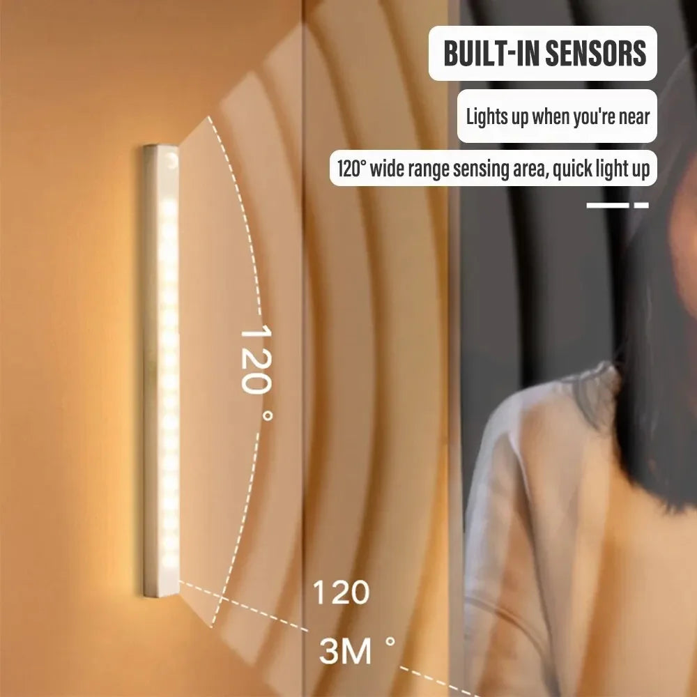 Sem fio LED Sensor de Movimento Luz, Luz Noturna, Tipo C Recarregável, Gabinete, Wardrobe Lamp, Backlight Escada, Cozinha