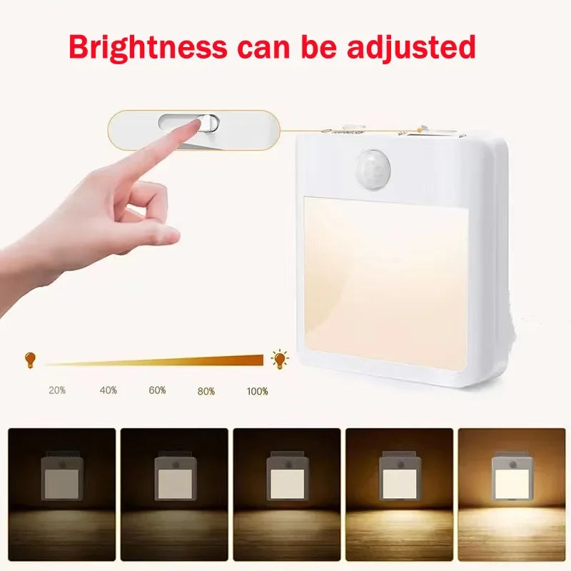 Sensor de movimento led luzes da noite plugue da ue regulável luz do armário para cabeceira do bebê quarto corredor sem fio noite lâmpada iluminação