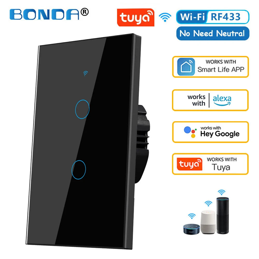 Tuya eua wifi interruptor de parede inteligente rf433 1/2/3 gang sem fio neutro sensor toque led interruptores luz casa inteligente alexa google casa