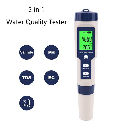 5 em 1 testador de qualidade da água digital tds/ec/ph/salinidade/medidor de temperatura para piscinas aquários detector de qualidade da água