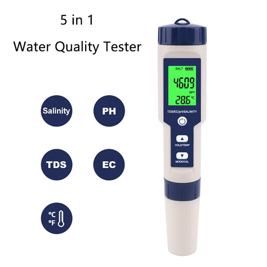 5 em 1 testador de qualidade da água digital tds/ec/ph/salinidade/medidor de temperatura para piscinas aquários detector de qualidade da água