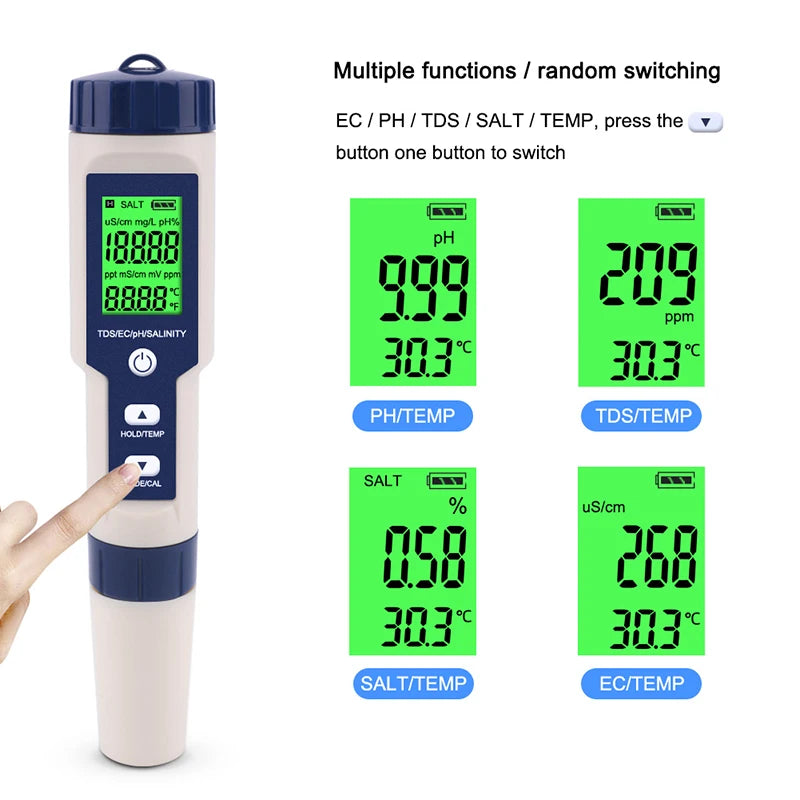 5 em 1 testador de qualidade da água digital tds/ec/ph/salinidade/medidor de temperatura para piscinas aquários detector de qualidade da água