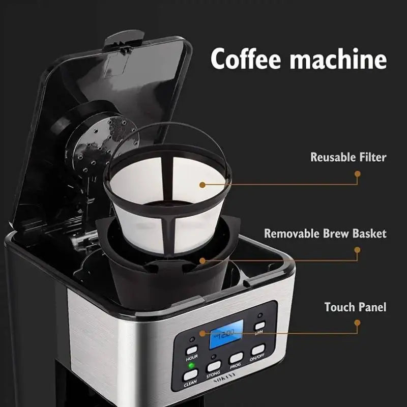 Máquina de café elétrica programável, 1,5l, tecnologia avançada, fabricação rápida e temporizador de 24 horas