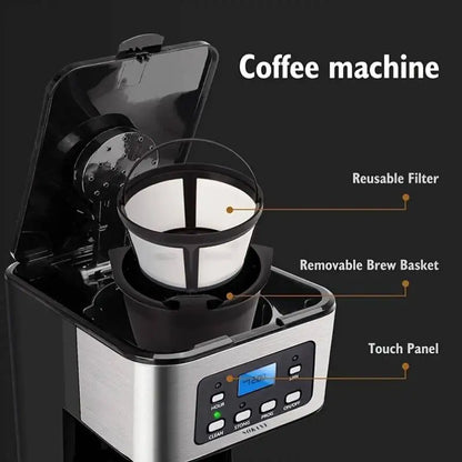 Máquina de café elétrica programável, 1,5l, tecnologia avançada, fabricação rápida e temporizador de 24 horas