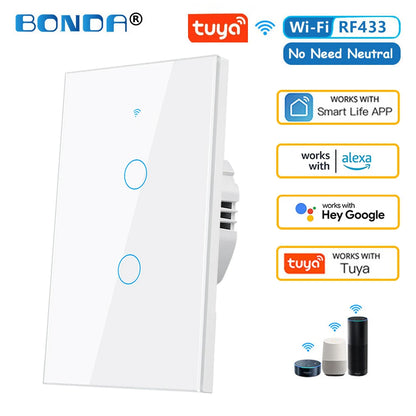 Tuya eua wifi interruptor de parede inteligente rf433 1/2/3 gang sem fio neutro sensor toque led interruptores luz casa inteligente alexa google casa