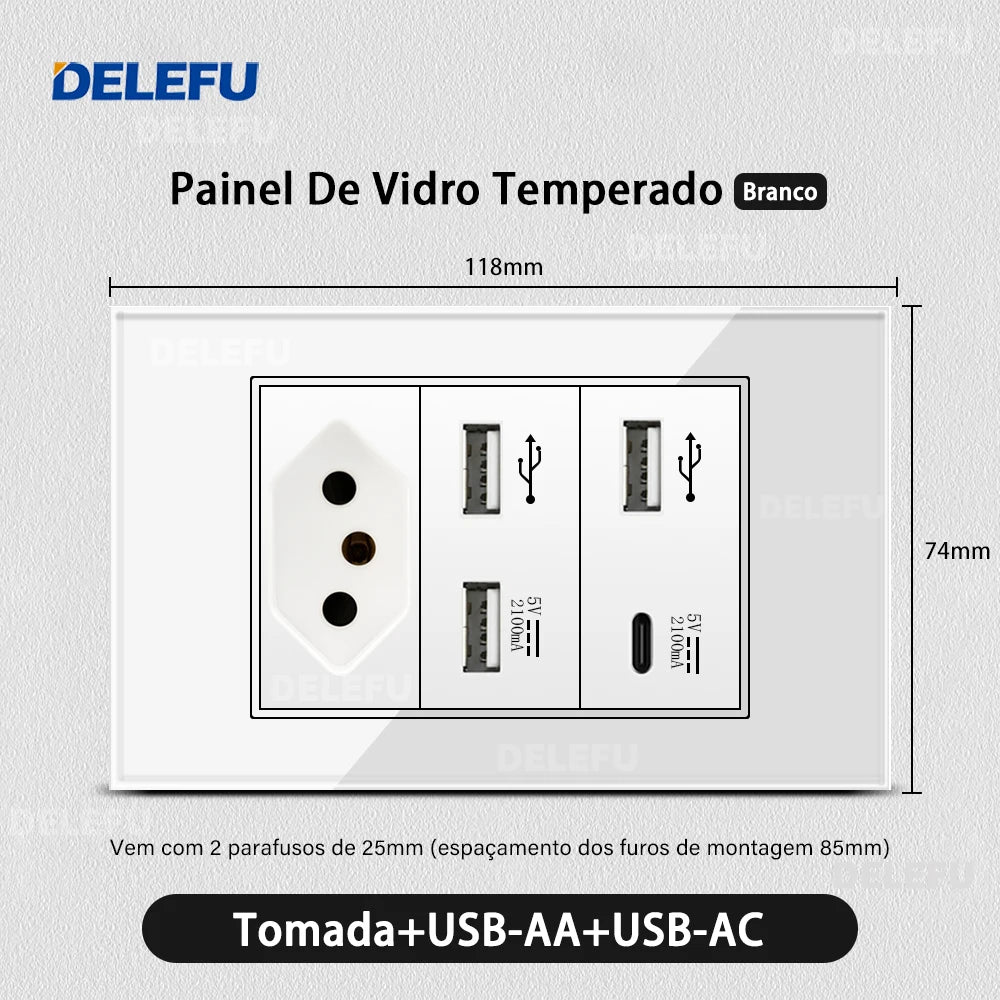 DELEFU 4*2 Vidro Temperado Branco Tomada Padrão Brasil com Dupla USB Tipo C Tomada de Parede Interruptor Inteligente Tuya Wifi 10A 20A