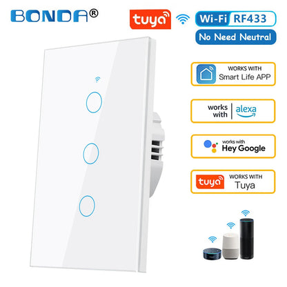 Tuya eua wifi interruptor de parede inteligente rf433 1/2/3 gang sem fio neutro sensor toque led interruptores luz casa inteligente alexa google casa