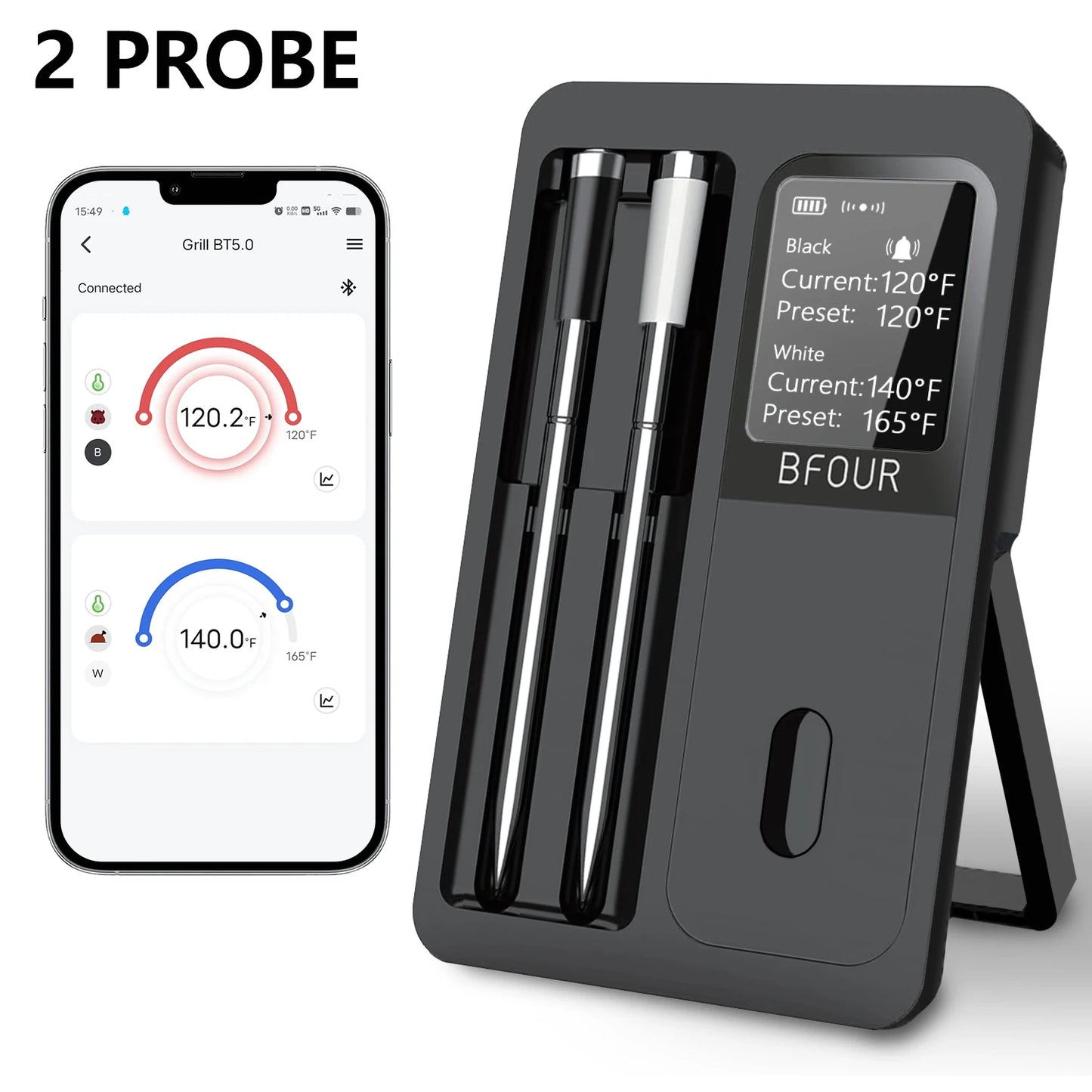 Termômetro de carne sem fio Bluetooth IP67 Sondas à prova d'água com impulsionador de tela LCD recarregável para grelhar, fumante, forno para churrasco