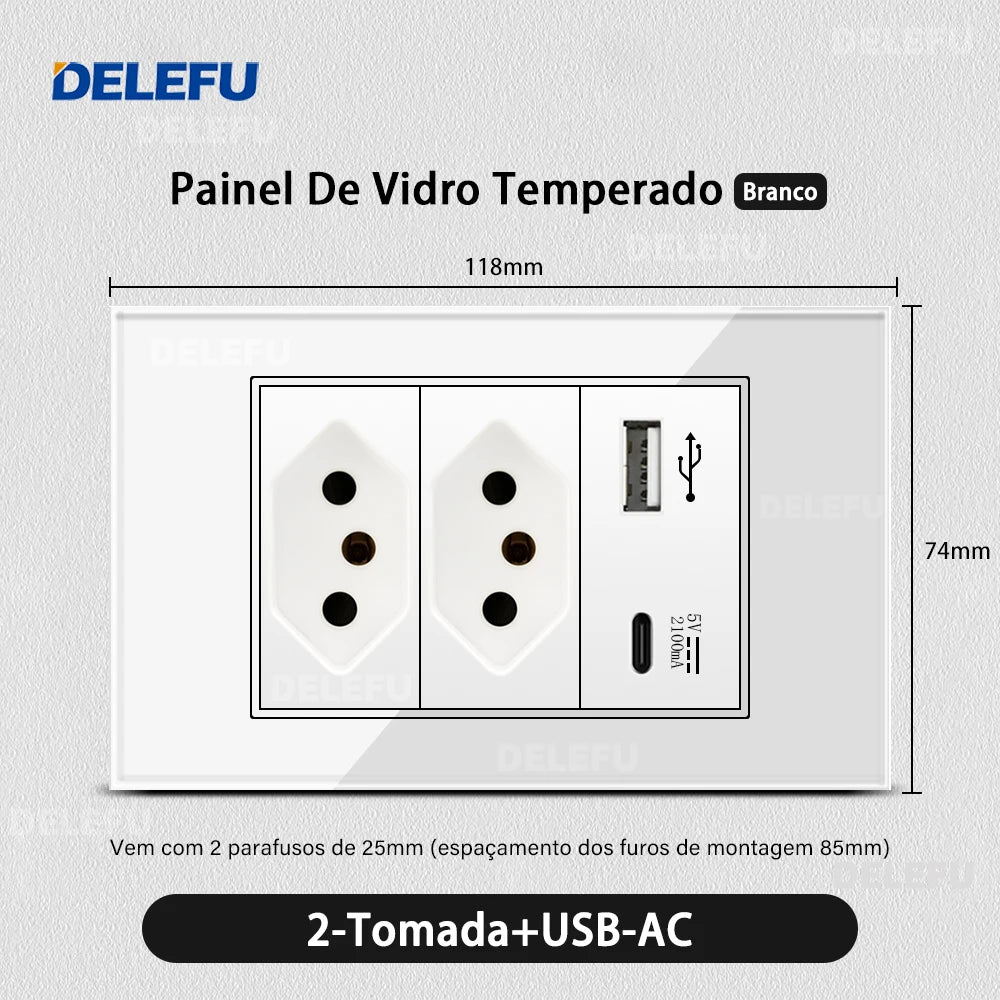 DELEFU 4*2 Vidro Temperado Branco Tomada Padrão Brasil com Dupla USB Tipo C Tomada de Parede Interruptor Inteligente Tuya Wifi 10A 20A