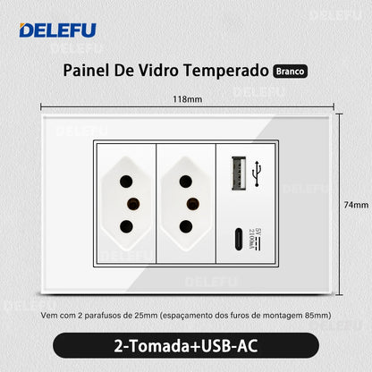 DELEFU 4*2 Vidro Temperado Branco Tomada Padrão Brasil com Dupla USB Tipo C Tomada de Parede Interruptor Inteligente Tuya Wifi 10A 20A