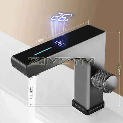 Temperatura display digital torneira da bacia do banheiro inteligente led deck montado lavatório misturador de água quente e fria pia