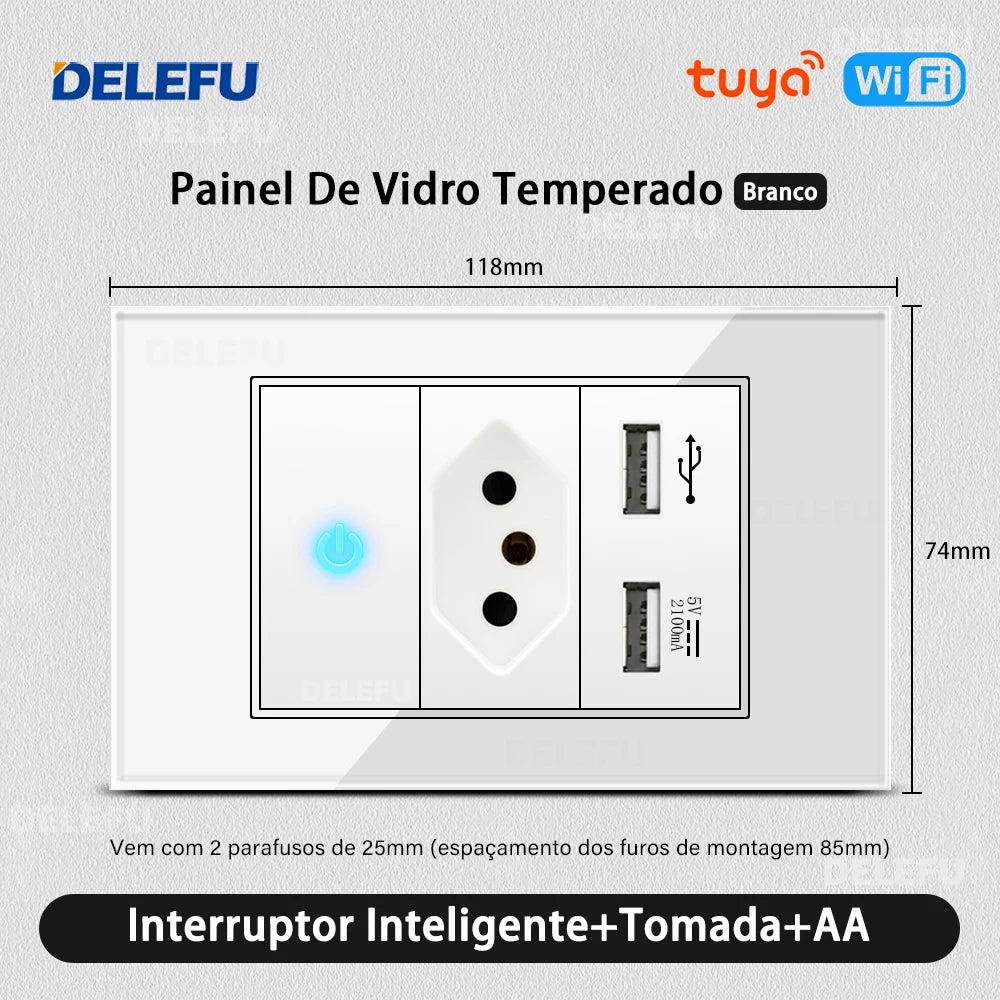 DELEFU 4*2 Vidro Temperado Branco Tomada Padrão Brasil com Dupla USB Tipo C Tomada de Parede Interruptor Inteligente Tuya Wifi 10A 20A