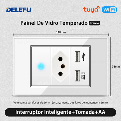 DELEFU 4*2 Vidro Temperado Branco Tomada Padrão Brasil com Dupla USB Tipo C Tomada de Parede Interruptor Inteligente Tuya Wifi 10A 20A