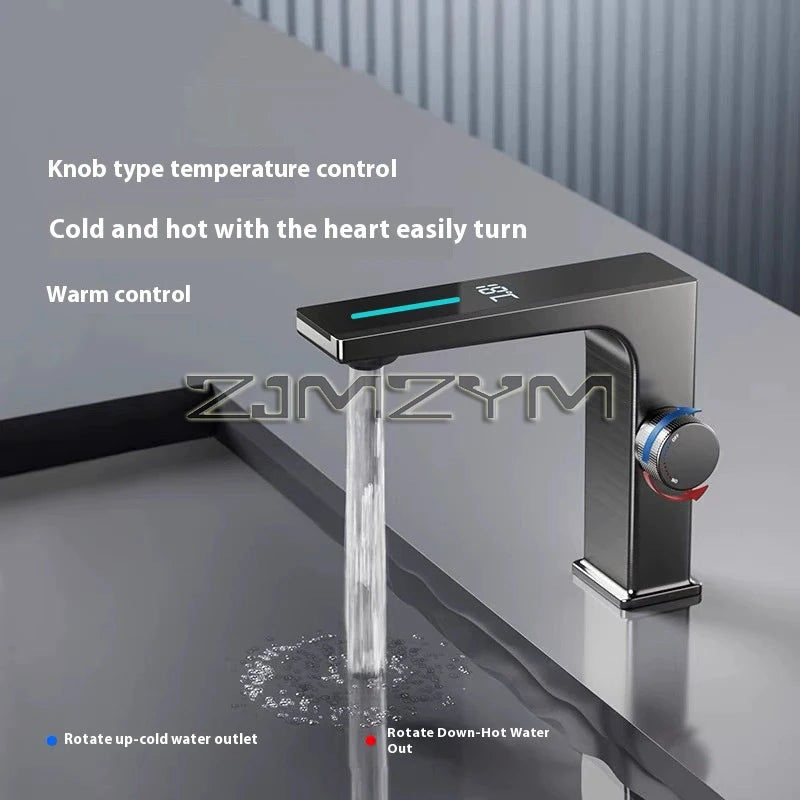 Temperatura display digital torneira da bacia do banheiro inteligente led deck montado lavatório misturador de água quente e fria pia