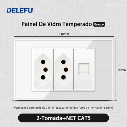 DELEFU 4*2 Vidro Temperado Branco Tomada Padrão Brasil com Dupla USB Tipo C Tomada de Parede Interruptor Inteligente Tuya Wifi 10A 20A