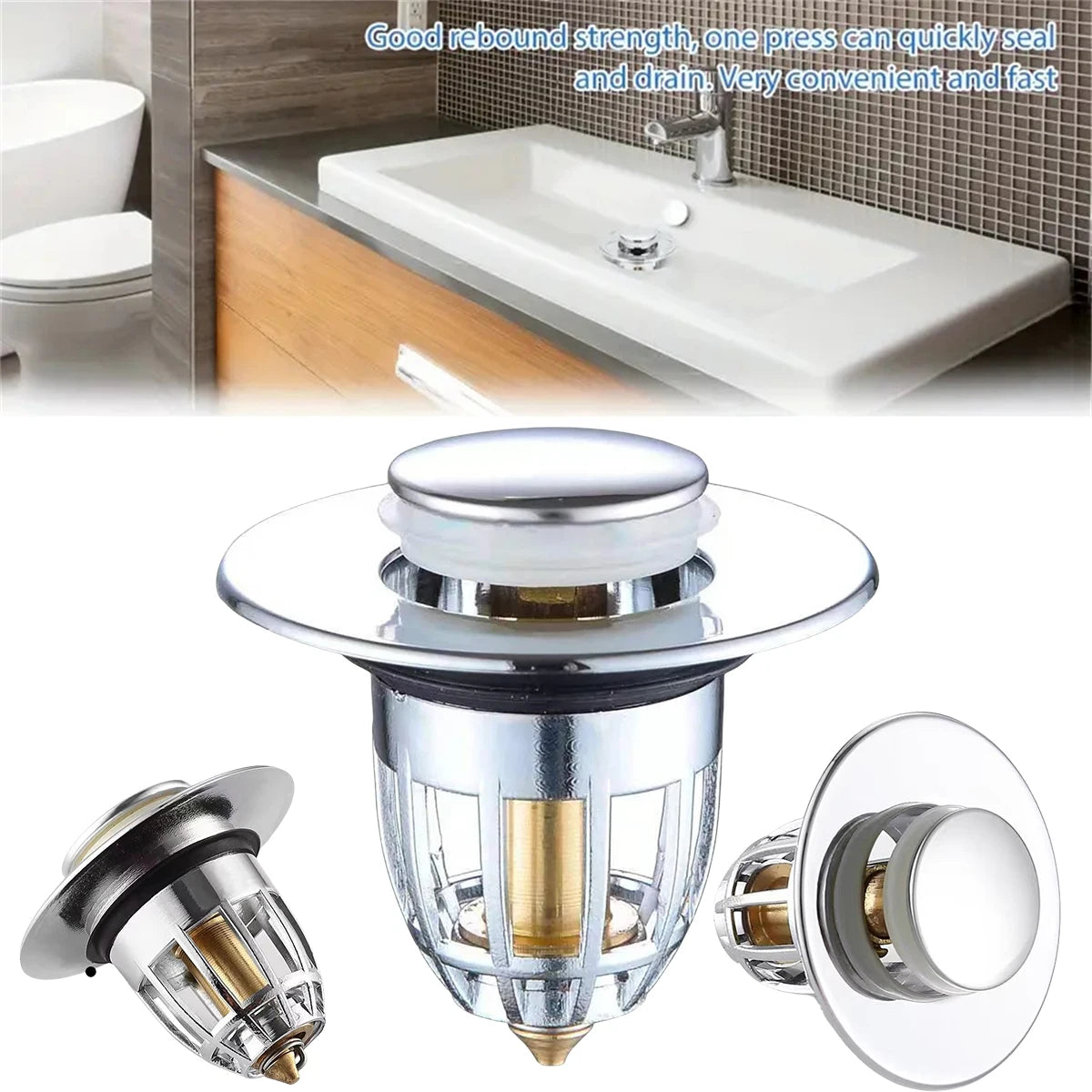 Universal Rebound Drain Plug Filter Basin, Pia de cromo pop-up, Captador de cabelo, Rolha de drenagem do banheiro, Fácil tipo push