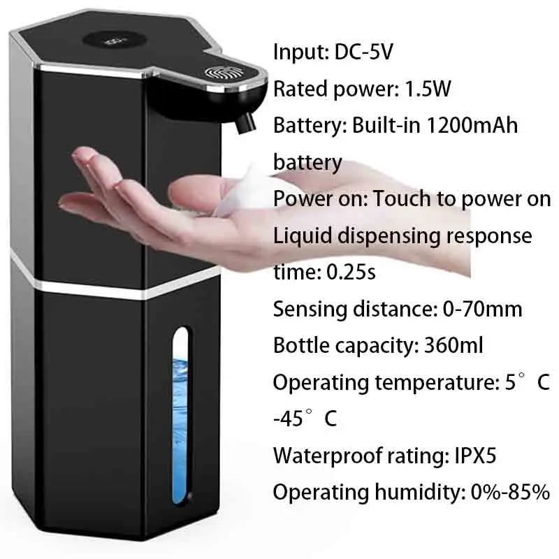 Dispensador de sabão automático 360ml, sem toque, tipo c, usb, recarregável, elétrico, à prova d'água, espuma/dispensador de líquido