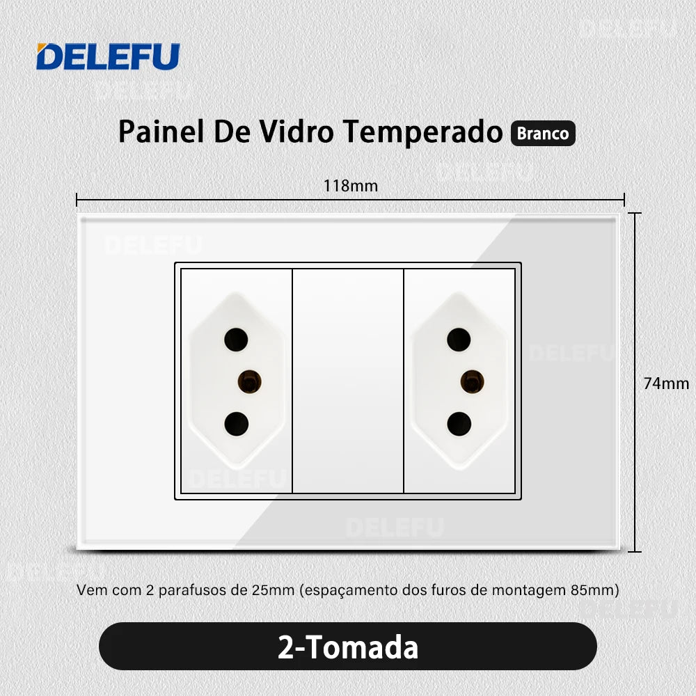 DELEFU 4*2 Vidro Temperado Branco Tomada Padrão Brasil com Dupla USB Tipo C Tomada de Parede Interruptor Inteligente Tuya Wifi 10A 20A
