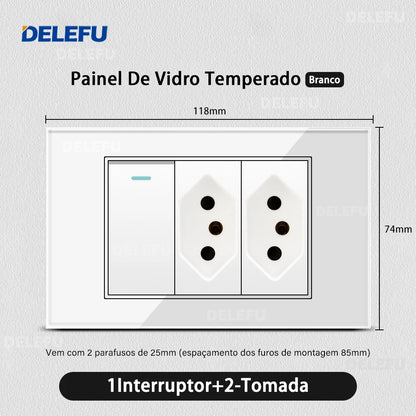 DELEFU 4*2 Vidro Temperado Branco Tomada Padrão Brasil com Dupla USB Tipo C Tomada de Parede Interruptor Inteligente Tuya Wifi 10A 20A