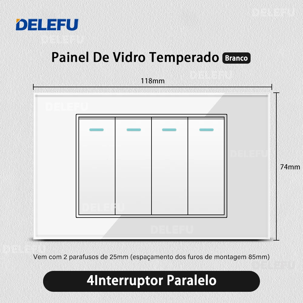 DELEFU 4*2 Vidro Temperado Branco Tomada Padrão Brasil com Dupla USB Tipo C Tomada de Parede Interruptor Inteligente Tuya Wifi 10A 20A