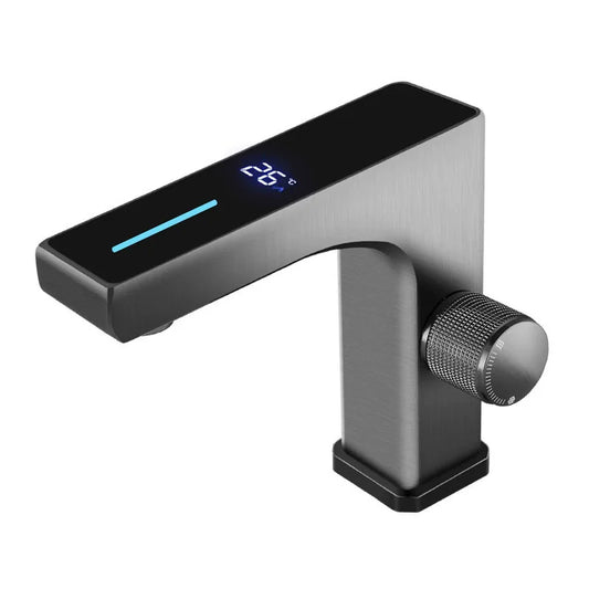 Temperatura display digital torneira da bacia do banheiro inteligente led deck montado lavatório misturador de água quente e fria pia