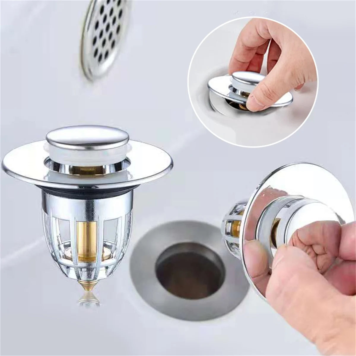 Universal Rebound Drain Plug Filter Basin, Pia de cromo pop-up, Captador de cabelo, Rolha de drenagem do banheiro, Fácil tipo push