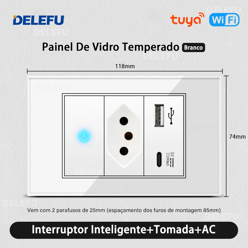 DELEFU 4*2 Vidro Temperado Branco Tomada Padrão Brasil com Dupla USB Tipo C Tomada de Parede Interruptor Inteligente Tuya Wifi 10A 20A