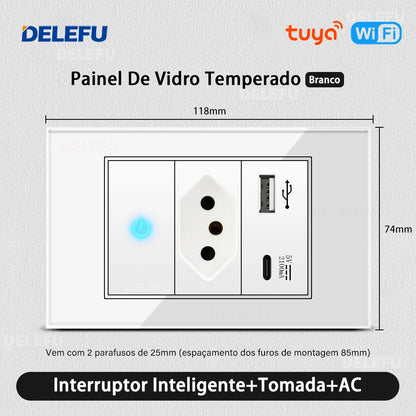 DELEFU 4*2 Vidro Temperado Branco Tomada Padrão Brasil com Dupla USB Tipo C Tomada de Parede Interruptor Inteligente Tuya Wifi 10A 20A
