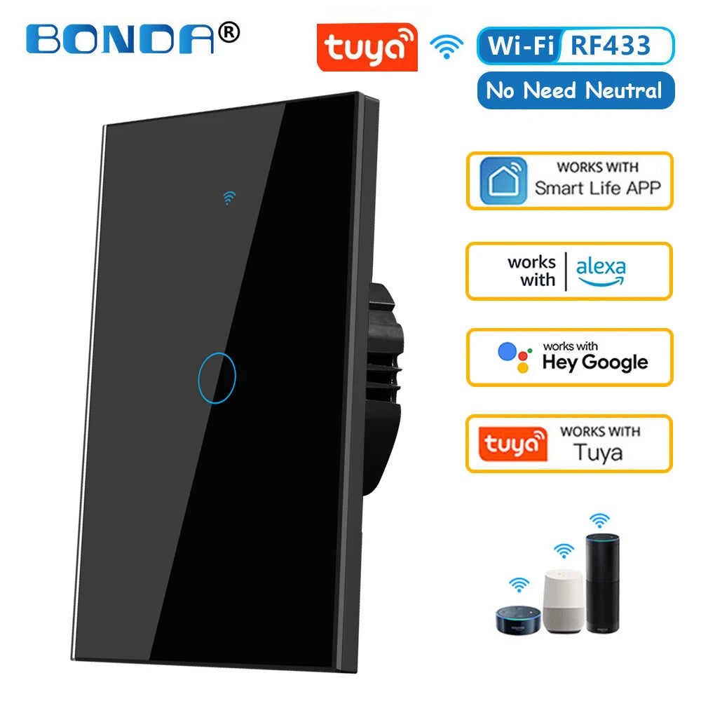 Tuya eua wifi interruptor de parede inteligente rf433 1/2/3 gang sem fio neutro sensor toque led interruptores luz casa inteligente alexa google casa