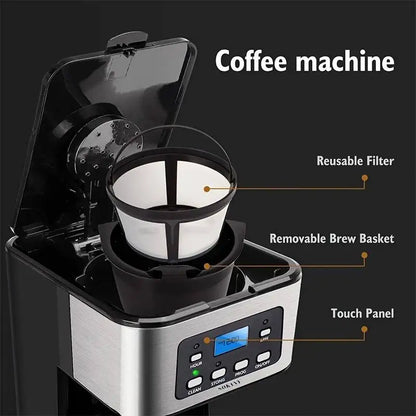 Máquina de café elétrica programável, 1,5l, tecnologia avançada, fabricação rápida e temporizador de 24 horas