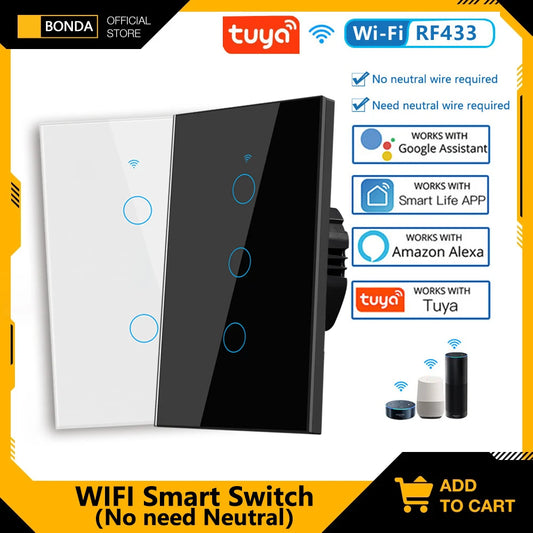 Tuya eua wifi interruptor de parede inteligente rf433 1/2/3 gang sem fio neutro sensor toque led interruptores luz casa inteligente alexa google casa