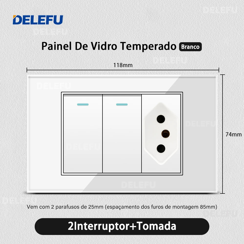DELEFU 4*2 Vidro Temperado Branco Tomada Padrão Brasil com Dupla USB Tipo C Tomada de Parede Interruptor Inteligente Tuya Wifi 10A 20A