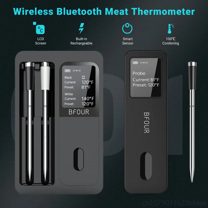 Termômetro de carne sem fio Bluetooth IP67 Sondas à prova d'água com impulsionador de tela LCD recarregável para grelhar, fumante, forno para churrasco