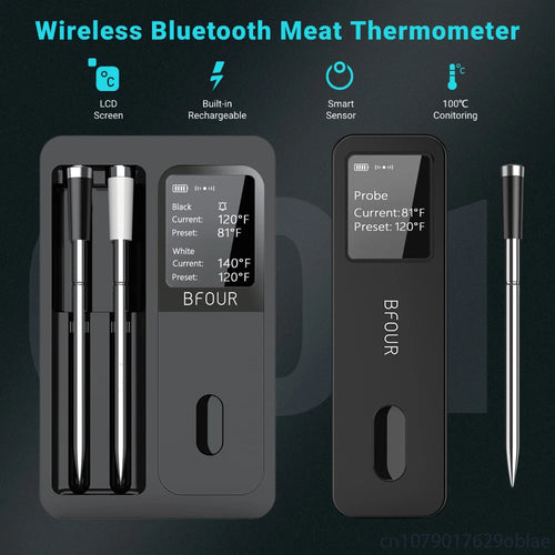 Termômetro de carne sem fio Bluetooth IP67 Sondas à prova d'água com impulsionador de tela LCD recarregável para grelhar, fumante, forno para churrasco