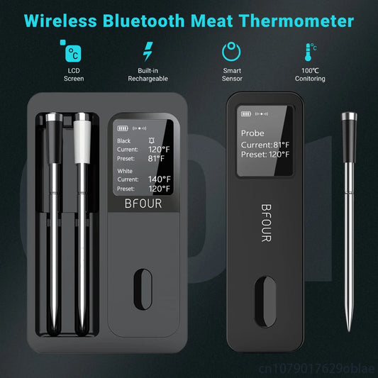 Termômetro de carne sem fio Bluetooth IP67 Sondas à prova d'água com impulsionador de tela LCD recarregável para grelhar, fumante, forno para churrasco