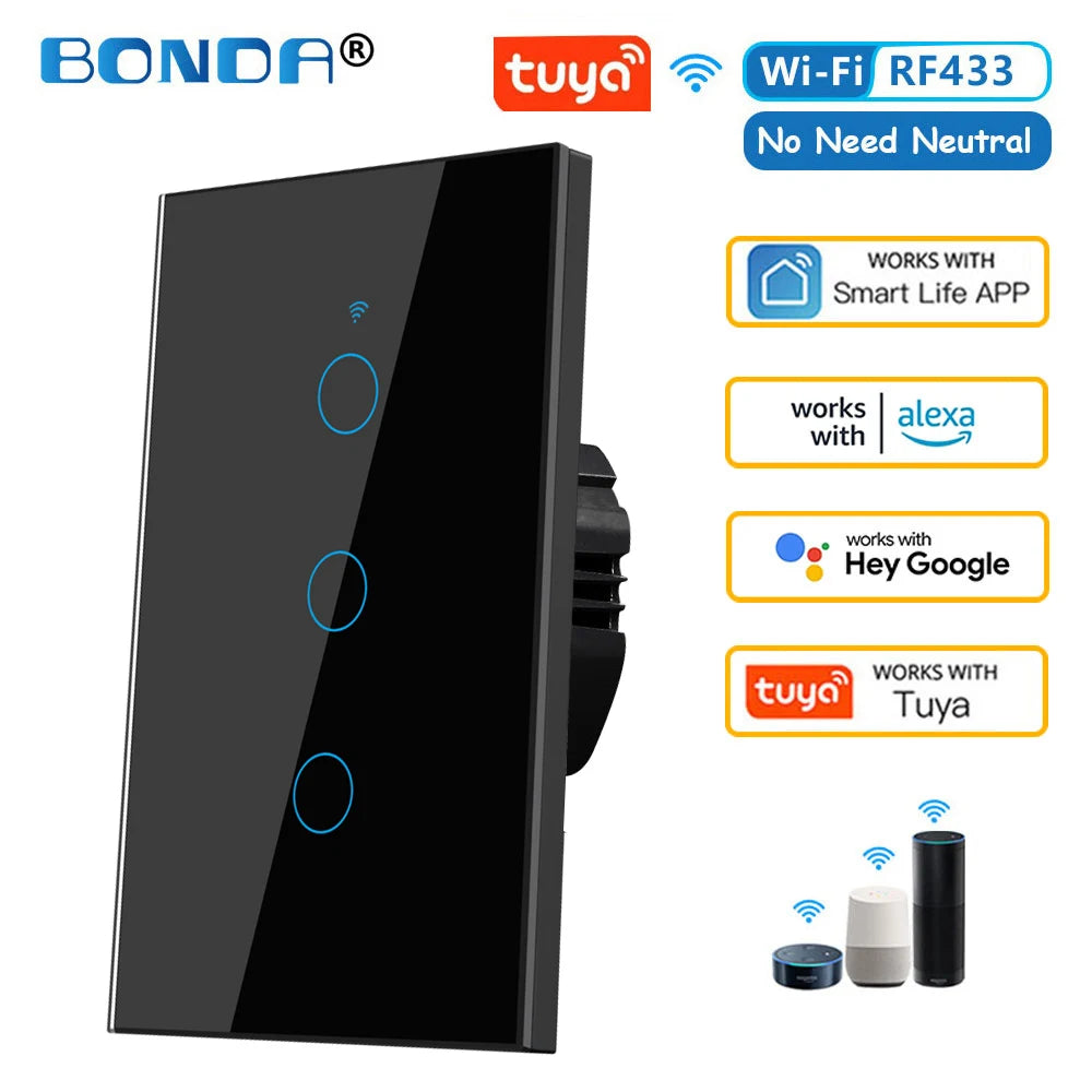 Tuya eua wifi interruptor de parede inteligente rf433 1/2/3 gang sem fio neutro sensor toque led interruptores luz casa inteligente alexa google casa