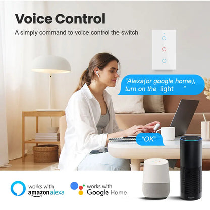 Tuya eua wifi interruptor de parede inteligente rf433 1/2/3 gang sem fio neutro sensor toque led interruptores luz casa inteligente alexa google casa