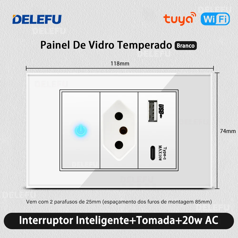 DELEFU 4*2 Vidro Temperado Branco Tomada Padrão Brasil com Dupla USB Tipo C Tomada de Parede Interruptor Inteligente Tuya Wifi 10A 20A