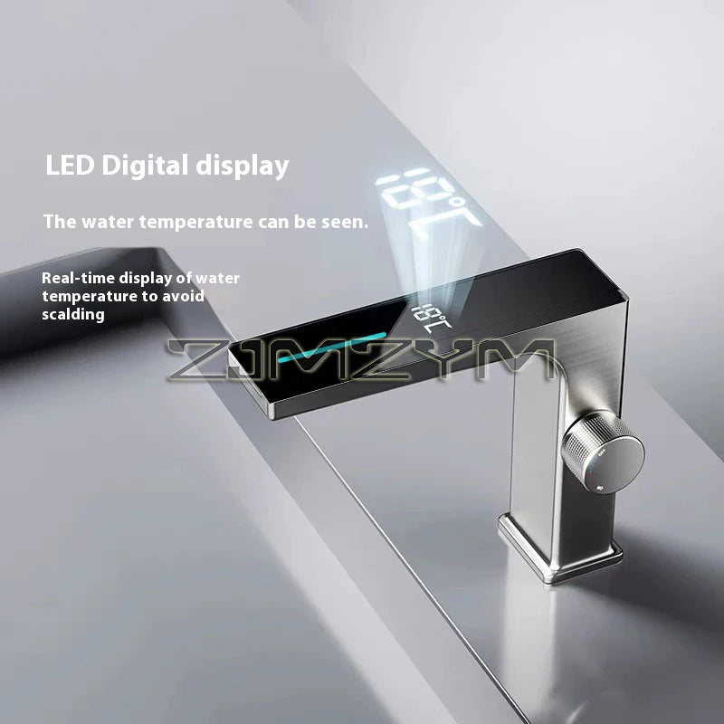Temperatura display digital torneira da bacia do banheiro inteligente led deck montado lavatório misturador de água quente e fria pia